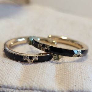 Gold Hoop Earrings Black Enamel Rhinestone Accent Jewelry